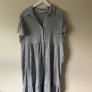 Jane and Delancey Navy and White Striped Collared Midi Dress